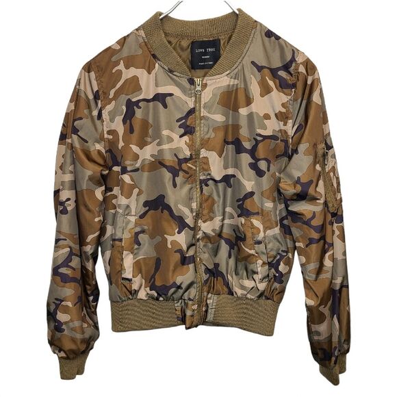 Love Tree Camo Full Zip Bomber Jacket Camouflage Long Sleeve Nylon M - Picture 1 of 16